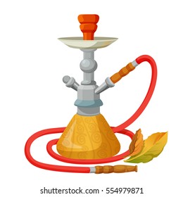 Hookah calabash with one long red pipe isolated on white. Single stemmed instrument for vaporizing and smoking flavored tobacco called shisha or cannabis. Smoke passed through water basin