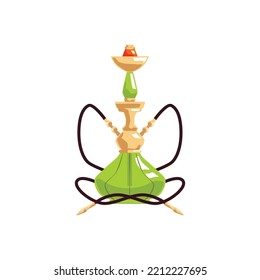 Hookah or calabash smoking tobacco pipe device with bowl of green glass, flat cartoon vector illustration isolated on white background. Hookah or calabash icon.