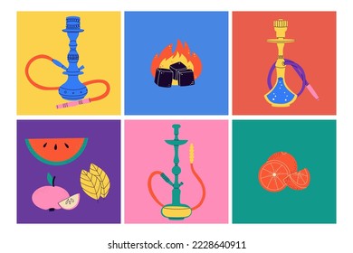 Hookah cards set. Modern drawing lounge bar or smoke shop posters, arabic tobacco smoking equipment. Calabash with glass flask and tubes, charcoal in fire and fruits, vector cartoon illustration