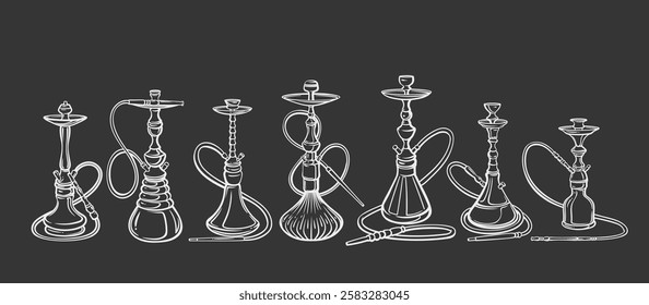 Hookah chalk line icons set on black chalkboard. Outline hand drawn hubbly bubble, nargile, Arabian shisha. Lounge cafe, night club, hookah shop menu in Turkey, icon collection vector illustration