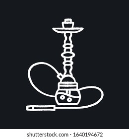 Hookah chalk white icon on black background. Sheesha house. Nargile lounge. Odor from pipe. Scent of vaporizing. Smoking area. Round bowl base. Isolated vector chalkboard illustration