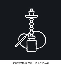 Hookah chalk white icon on black background. Sheesha house. Shisha bar for leisure. Nargile lounge. Odor from pipe. Scent of vaporizing. Smoking area. Isolated vector chalkboard illustration