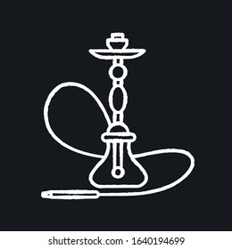 Hookah chalk white icon on black background. Sheesha house. Smoke pipe and relax indoors. Nargile lounge. Odor from pipe. Scent of vaporizing. Isolated vector chalkboard illustration