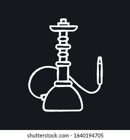Hookah chalk white icon on black background. Sheesha house. Assembled hooka body. Nargile lounge. Odor from pipe. Scent of vaporizing. Smoking area. Isolated vector chalkboard illustration