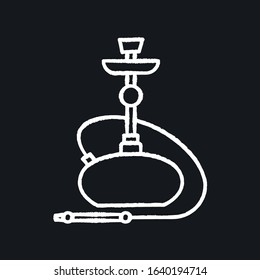 Hookah chalk white icon on black background. Sheesha house. Glass sphere base. Popular nargile lounge. Odor from pipe. Scent of vaporizing. Smoking area. Isolated vector chalkboard illustration