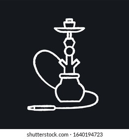 Hookah chalk white icon on black background. Sheesha house. Egyptian relaxation. Nargile lounge. Odor from pipe. Scent of vaporizing. Smoking area. Isolated vector chalkboard illustration