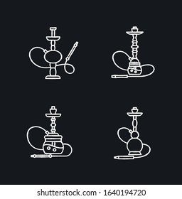Hookah chalk white icons set on black background. Hooka bar for peaceful leisure. Sheesha house. Nargile lounge. Odor from pipe. Scent of vaporizing. Isolated vector chalkboard illustrations