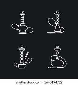 Hookah chalk white icons set on black background. Amusement with friends. Sheesha house. Nargile lounge. Odor from pipe. Scent of vaporizing. Smoking area. Isolated vector chalkboard illustrations