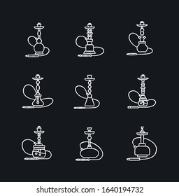 Hookah chalk white icons set on black background. Custom object. Sheesha house. Nargile lounge. Odor from pipe. Scent of vaporizing. Smoking area. Isolated vector chalkboard illustrations