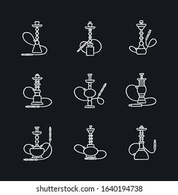 Hookah chalk white icons set on black background. Shisha with wire. Sheesha house. Nargile lounge. Odor from pipe. Scent of vaporizing. Smoking area. Isolated vector chalkboard illustrations