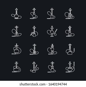 Hookah chalk white icons set on black background. Sheesha bar. Hooka accessories. Smoke area. Vapor, vaping. Tobacco option. Arabic lounge. Isolated vector chalkboard illustrations
