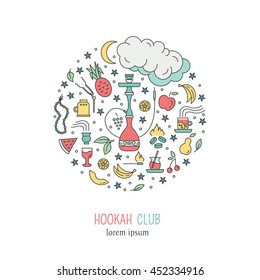 Hookah circle concept with line icons isolated on white background. Smoke tobacco, smoking pipe, hookah, charcoal and accessories. Labels for shop or hookah lounge. Smoke illustration