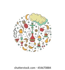 Hookah circle concept with line icons isolated on white background. Smoke tobacco, smoking pipe, hookah, charcoal and accessories. Labels for shop or hookah lounge. Smoke illustration