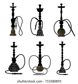 Hookah collection. Black and white logos. Vector silhouette with gold and silver patterns. Hookah label, emblem