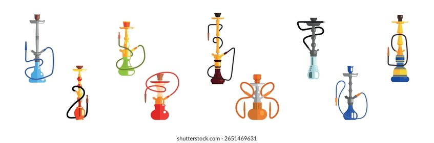 Hookah Device with Tube for Smoking Vector Set