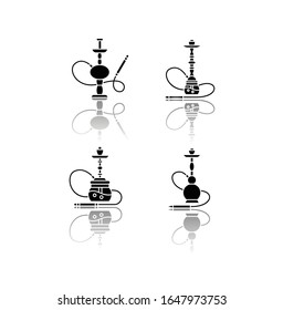 Hookah drop shadow black glyph icons set. Nargila option. Sheesha house. Popular souvenir. Odor from pipe. Scent of vaporizing. Smoking area. Isolated vector illustrations on white space