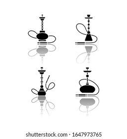 Hookah drop shadow black glyph icons set. Amusement with friends. Sheesha house. Nargile lounge. Odor from pipe. Scent of vaporizing. Smoking area. Isolated vector illustrations on white space