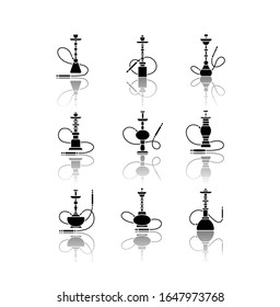 Hookah drop shadow black glyph icons set. Custom object. Sheesha house. Nargile lounge. Odor from pipe. Scent of vaporizing. Smoking area. Isolated vector illustrations on white space