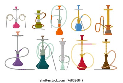 Hookah flat set with pipe for smoking tobacco and shisha. Collection isolated on white background. Vector illustration