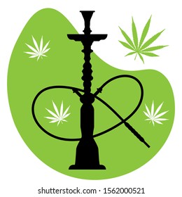 Hookah with hemp silhouette isolated on green background. Vector stock illustration.
