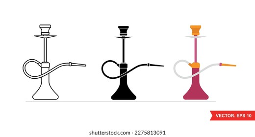 Hookah icon of 3 types: color, black and white, outline. Isolated vector icon symbol on white background.