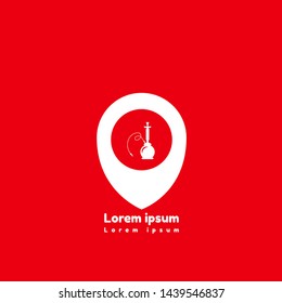 Hookah icon and map pin. Hookah logo concept. Designed for tearoom. tearoom here