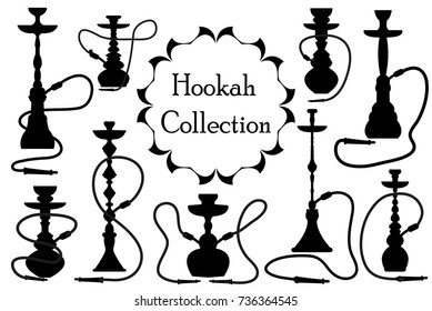 Hookah icon set black silhouette, outline style. Arabic hookahs collection of design elements, logo. Isolated on white background. Lounge bar logos concept. Vector illustration