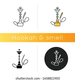 Hookah icon. Sheesha house. Assembled hooka body. Nargile lounge. Odor from pipe. Scent of vaporizing. Smoking area. Linear black and RGB color styles. Isolated vector illustrations