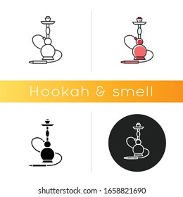 Hookah icon. Sheesha house. Hooka accessories shop. Nargile lounge. Odor from pipe. Scent of vaporizing. Smoking area. Linear black and RGB color styles. Isolated vector illustrations