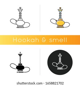 Hookah icon. Sheesha house. Nargile lounge. Odor from pipe. Smoking area. Round bowl base. Accessories for shisha. Oriental hooka. Linear black and RGB color styles. Isolated vector illustrations