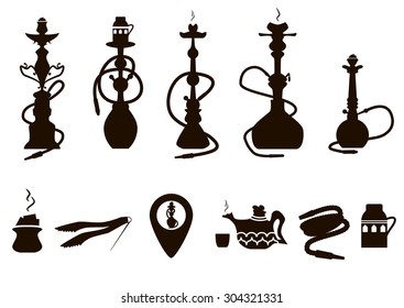 hookah icons black set with accessories isolated vector illustration 