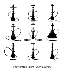 Hookah icons of different shapes represent smoking devices on a white background. Vector image.