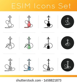 Iconos de Hookah establecidos. Objeto personalizado. Casa Sheesha. Salón Nargile. Zona de fumadores. Accesorios para shisha. Canguro oriental. Estilos de color lineal, negro y RGB. Ilustraciones vectoriales aisladas