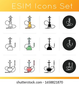 Hookah icons set. Hooka bar for peaceful leisure. Sheesha house. Nargile lounge. Odor from pipe. Scent of vaporizing. Linear, black and RGB color styles. Isolated vector illustrations