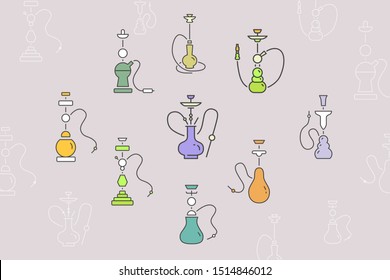 Hookah icons set - Vector color symbols and outline of shisha and smoke for the site or interface