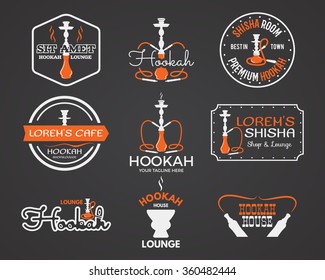 Hookah Labels, Badges And Design Elements Collection. Vintage Shisha Logo. Lounge Cafe Emblem.  Arabian Bar Or House, Shop. Isolated Vector Illustration.