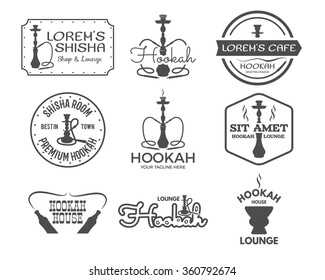 Hookah labels, badges and design elements collection. Vintage monochrome shisha logo. Lounge cafe emblems.  Arabian bar or house, shop. Isolated vector illustration