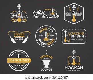 Hookah labels, badges and design elements set. Vintage monochrome shisha logo, yellow palette. Lounge cafe emblems.  Arabian bar or house, shop. Isolated vector illustration.