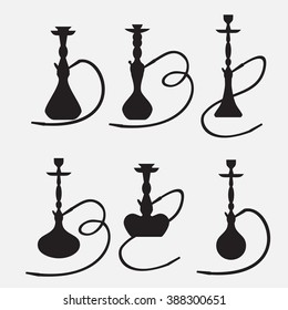 Hookah labels and smoke logo. Set of oriental nargile silhouettes. Isolated  traditional shishe on white background vector