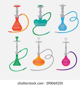 Hookah labels and smoke logo. Set of oriental nargile silhouettes. Isolated  traditional shishe on white background  vector