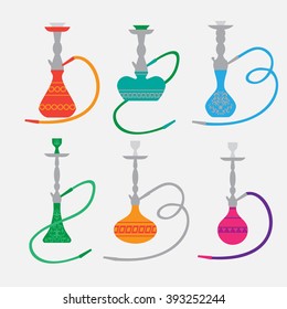 Hookah labels and smoke logo. Set of oriental Hookah silhouettes. Isolated  traditional Hookah on white background vector