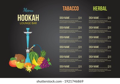 Hookah lounge bar menu design with various smoking devices and table of prices, flat vector illustration on black background. Hookah bar or shop menu template.