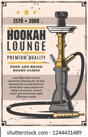 Hookah lounge bar retro poster. Smoke shop with food and drinks, board games. Hookah club and house emblems vector. Instrument for vaporizing and smoking flavored tobacco with tube