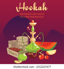 Hookah lounge logo or banner design with hookah pipe and fruits. Calabash or hookah smoking establishment and tobacco sales advertising banner backdrop, flat vector.