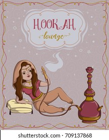 Hookah Lounge. Vintage Card With Smoking Arab Woman. Hand Drawn Vector Illustration