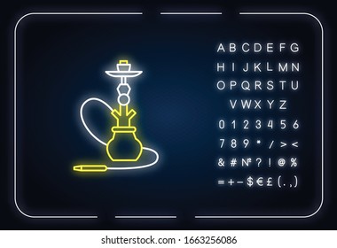 Hookah neon light icon. Sheesha house. Hooka accessories shop. Nargile lounge. Odor from pipe. Outer glowing effect. Sign with alphabet, numbers and symbols. Vector isolated RGB color illustration