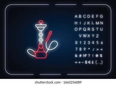 Hookah neon light icon. Sheesha house. Minimalistic object. Nargile lounge. Odor from pipe. Outer glowing effect. Sign with alphabet, numbers and symbols. Vector isolated RGB color illustration