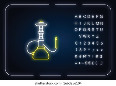 Hookah neon light icon. Sheesha house. Shisha bar for leisure. Nargile lounge. Odor from pipe. Outer glowing effect. Sign with alphabet, numbers and symbols. Vector isolated RGB color illustration