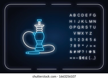 Hookah neon light icon. Sheesha house. Smoke pipe and relax indoors. Nargile lounge. Outer glowing effect. Sign with alphabet, numbers and symbols. Vector isolated RGB color illustration