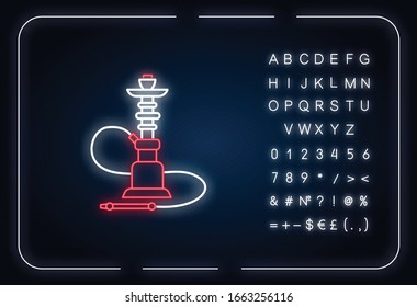 Icono de luz de neón de Hookah. Casa Sheesha. Fantasía turca con sabor. Salón Nargile. Zona de fumadores. Efecto luminoso exterior. Signo con alfabeto, números y símbolos. Ilustración de color RGB aislada por vectores